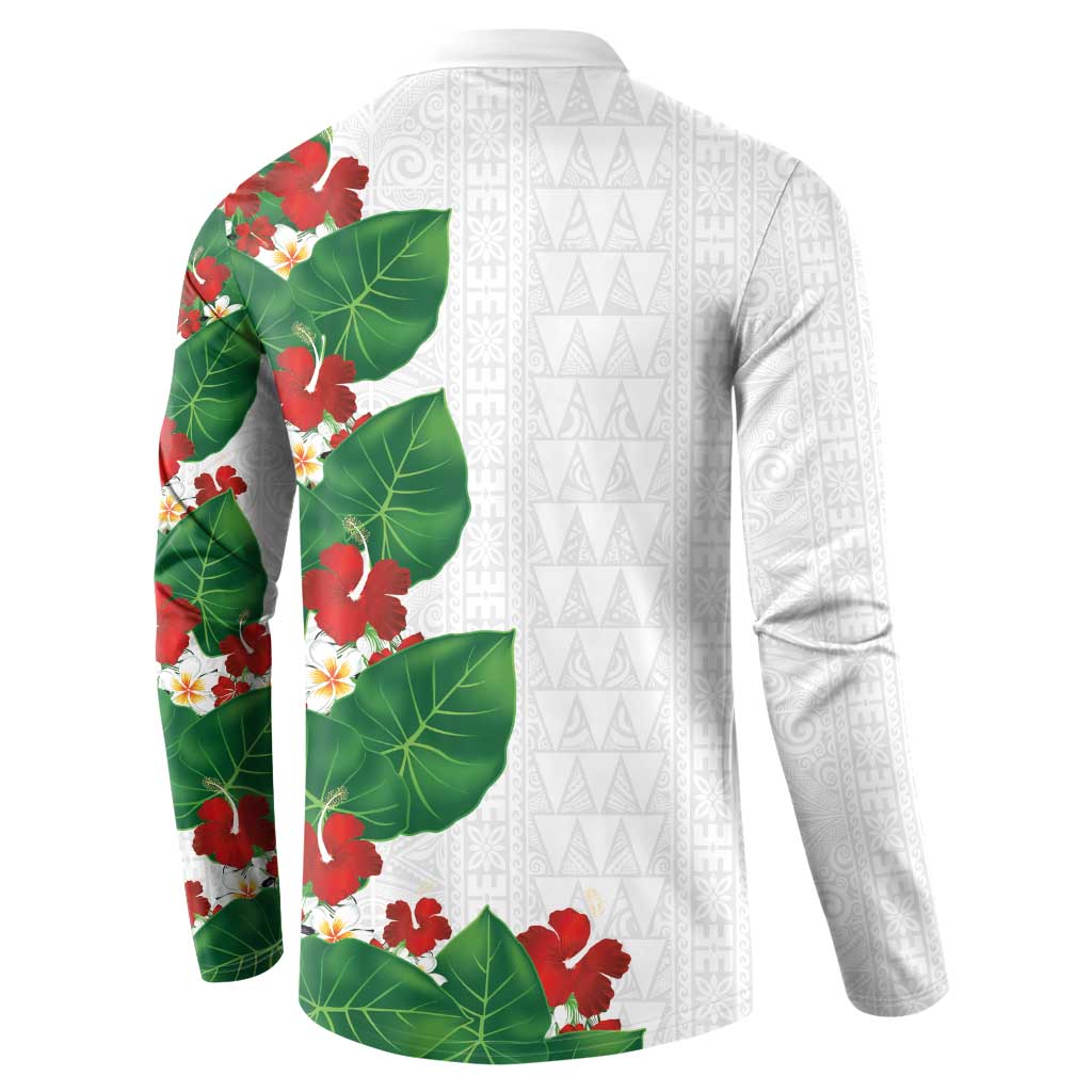 Hawaiian Taro Leaves-Hibiscus and Plumeria Button Sweatshirt Polynesian Art-Kakau Tattoo White