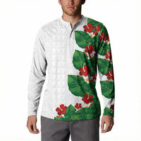 Hawaiian Taro Leaves-Hibiscus and Plumeria Button Sweatshirt Polynesian Art-Kakau Tattoo White