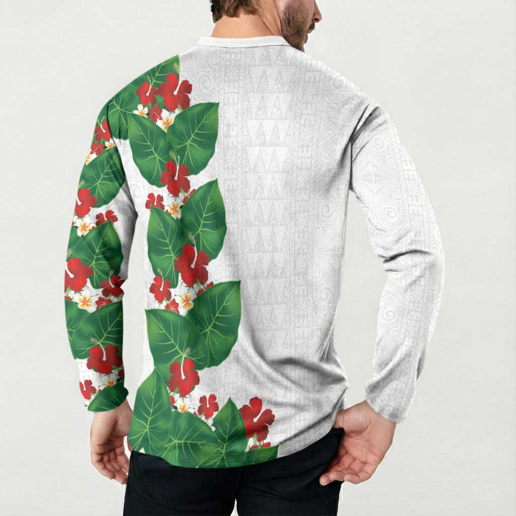 Hawaiian Taro Leaves-Hibiscus and Plumeria Button Sweatshirt Polynesian Art-Kakau Tattoo White