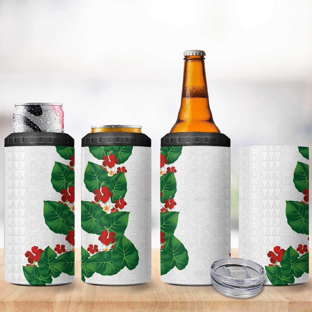 Hawaiian Taro Leaves-Hibiscus and Plumeria 4 in 1 Can Cooler Tumbler Polynesian Art-Kakau Tattoo White LT03 - Polynesian Pride