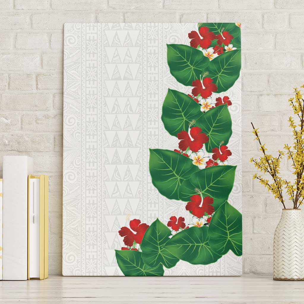 Hawaiian Taro Leaves-Hibiscus and Plumeria Canvas Wall Art Polynesian Art-Kakau Tattoo White
