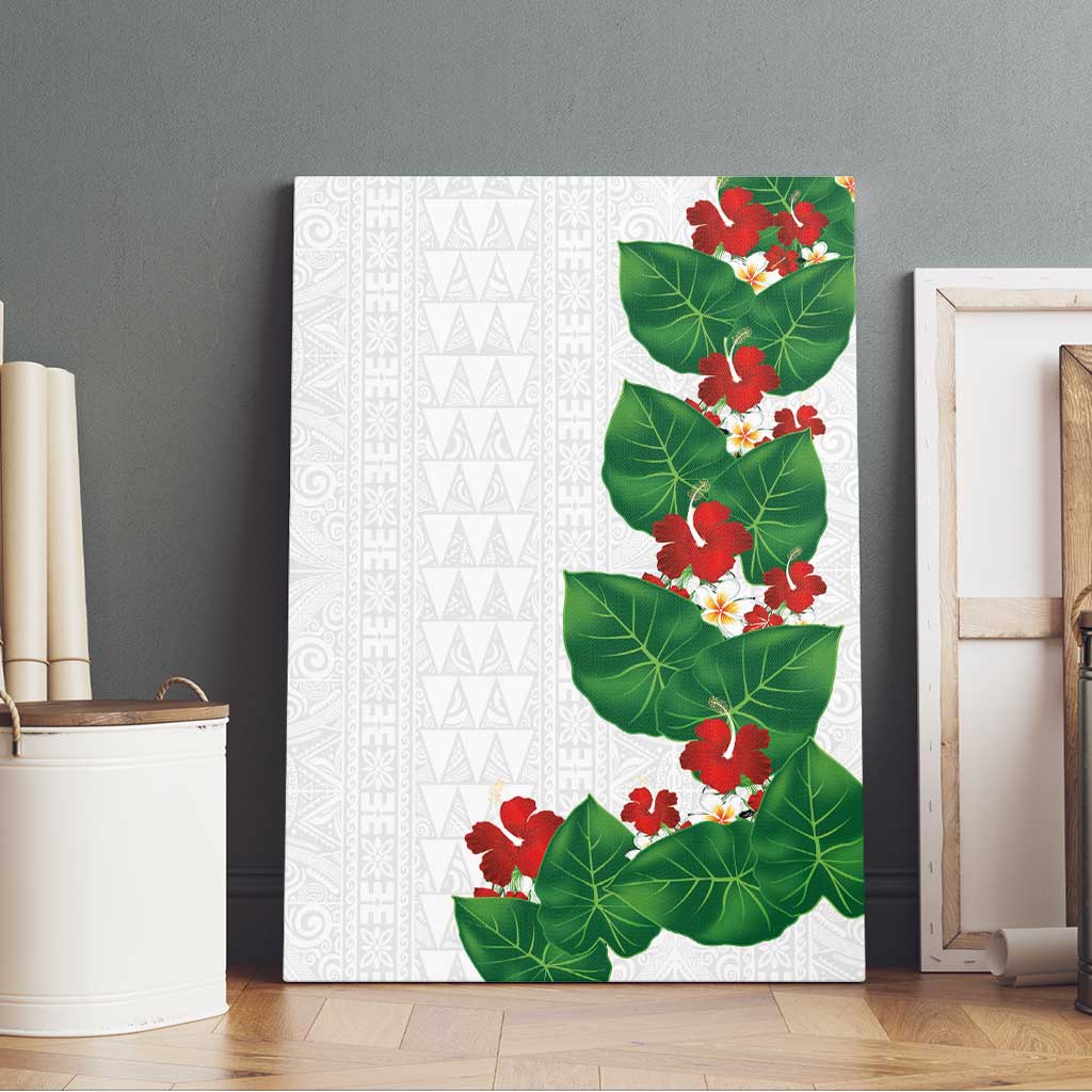 Hawaiian Taro Leaves-Hibiscus and Plumeria Canvas Wall Art Polynesian Art-Kakau Tattoo White
