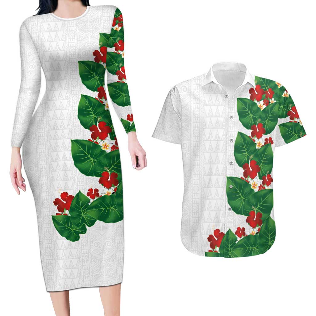 Hawaiian Taro Leaves-Hibiscus and Plumeria Couples Matching Long Sleeve Bodycon Dress and Hawaiian Shirt Polynesian Art-Kakau Tattoo White