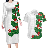 Hawaiian Taro Leaves-Hibiscus and Plumeria Couples Matching Long Sleeve Bodycon Dress and Hawaiian Shirt Polynesian Art-Kakau Tattoo White LT03 White - Polynesian Pride