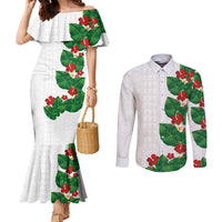 Hawaiian Taro Leaves-Hibiscus and Plumeria Couples Matching Mermaid Dress and Long Sleeve Button Shirt Polynesian Art-Kakau Tattoo White LT03 White - Polynesian Pride