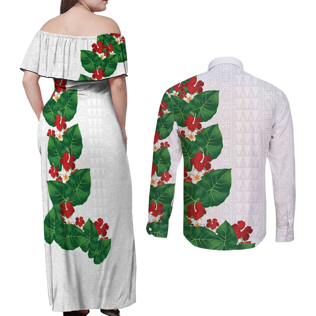 Hawaiian Taro Leaves-Hibiscus and Plumeria Couples Matching Off Shoulder Maxi Dress and Long Sleeve Button Shirt Polynesian Art-Kakau Tattoo White LT03 - Polynesian Pride