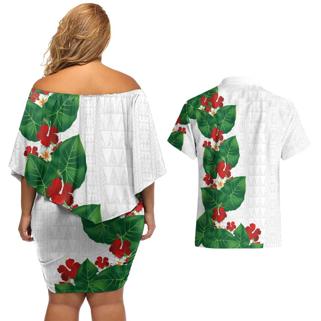 Hawaiian Taro Leaves-Hibiscus and Plumeria Couples Matching Off Shoulder Short Dress and Hawaiian Shirt Polynesian Art-Kakau Tattoo White LT03 - Polynesian Pride