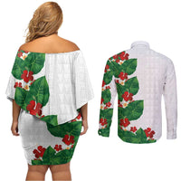 Hawaiian Taro Leaves-Hibiscus and Plumeria Couples Matching Off Shoulder Short Dress and Long Sleeve Button Shirt Polynesian Art-Kakau Tattoo White LT03 - Polynesian Pride