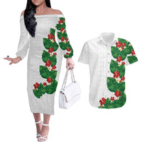 Hawaiian Taro Leaves-Hibiscus and Plumeria Couples Matching Off The Shoulder Long Sleeve Dress and Hawaiian Shirt Polynesian Art-Kakau Tattoo White LT03 White - Polynesian Pride