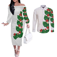 Hawaiian Taro Leaves-Hibiscus and Plumeria Couples Matching Off The Shoulder Long Sleeve Dress and Long Sleeve Button Shirt Polynesian Art-Kakau Tattoo White LT03 White - Polynesian Pride