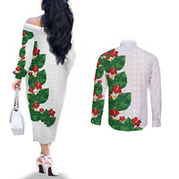 Hawaiian Taro Leaves-Hibiscus and Plumeria Couples Matching Off The Shoulder Long Sleeve Dress and Long Sleeve Button Shirt Polynesian Art-Kakau Tattoo White LT03 - Polynesian Pride
