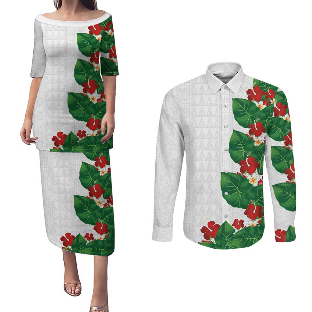Hawaiian Taro Leaves-Hibiscus and Plumeria Couples Matching Puletasi and Long Sleeve Button Shirt Polynesian Art-Kakau Tattoo White LT03 White - Polynesian Pride