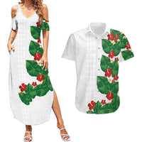Hawaiian Taro Leaves-Hibiscus and Plumeria Couples Matching Summer Maxi Dress and Hawaiian Shirt Polynesian Art-Kakau Tattoo White LT03 White - Polynesian Pride