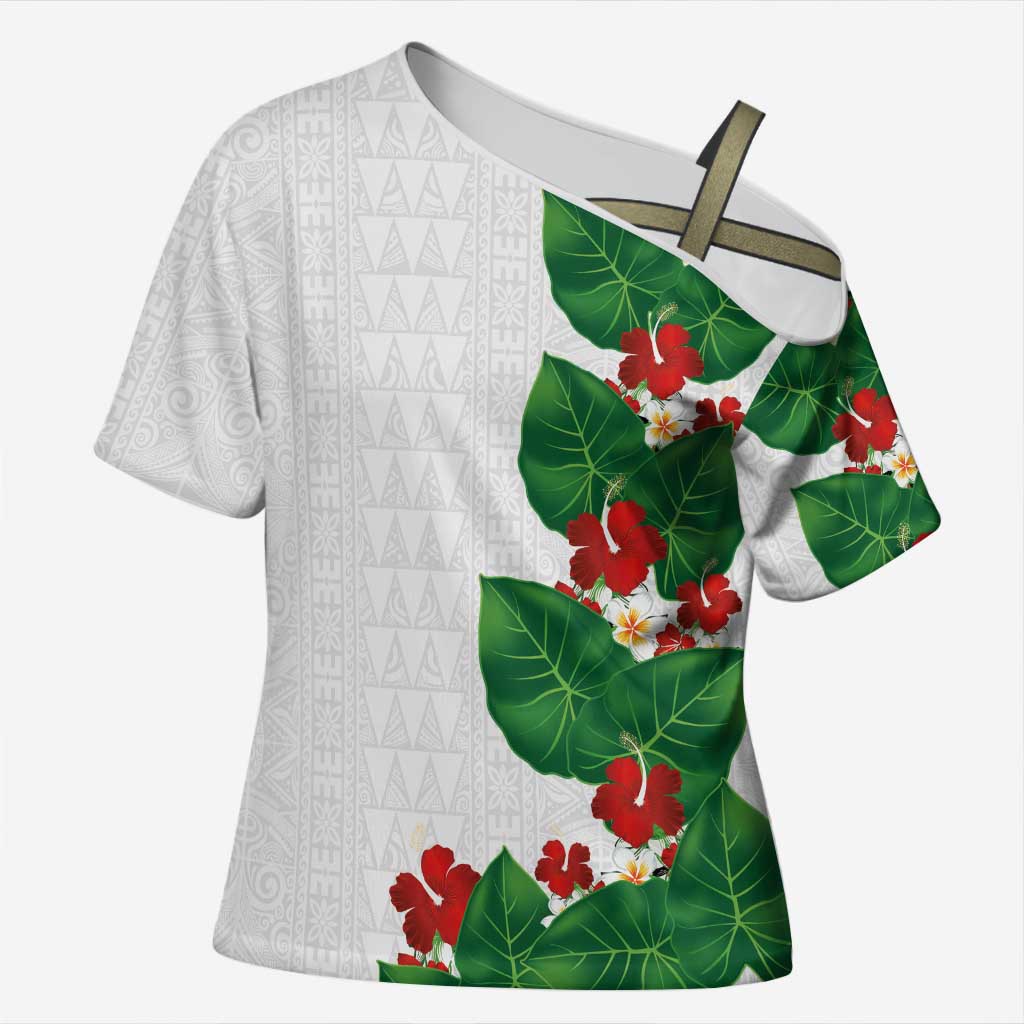 Hawaiian Taro Leaves-Hibiscus and Plumeria Cross Shoulder Shirt Polynesian Art-Kakau Tattoo White LT03 Female White - Polynesian Pride