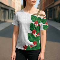 Hawaiian Taro Leaves-Hibiscus and Plumeria Cross Shoulder Shirt Polynesian Art-Kakau Tattoo White LT03 - Polynesian Pride