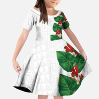Hawaiian Taro Leaves-Hibiscus and Plumeria Family Matching Mermaid Dress and Hawaiian Shirt Polynesian Art-Kakau Tattoo White LT03 Daughter's Dress White - Polynesian Pride