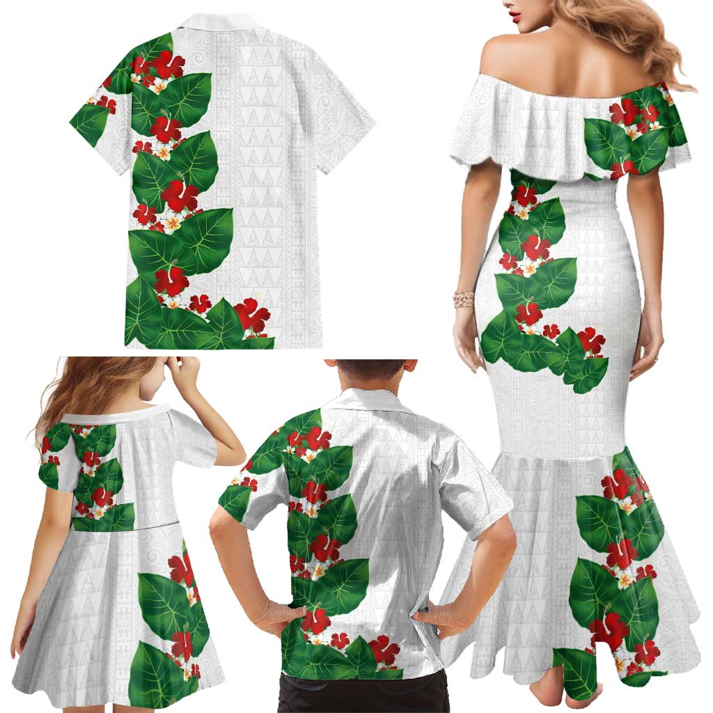 Hawaiian Taro Leaves-Hibiscus and Plumeria Family Matching Mermaid Dress and Hawaiian Shirt Polynesian Art-Kakau Tattoo White LT03 - Polynesian Pride