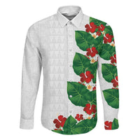 Hawaiian Taro Leaves-Hibiscus and Plumeria Family Matching Mermaid Dress and Hawaiian Shirt Polynesian Art-Kakau Tattoo White LT03 Dad's Shirt - Long Sleeve White - Polynesian Pride