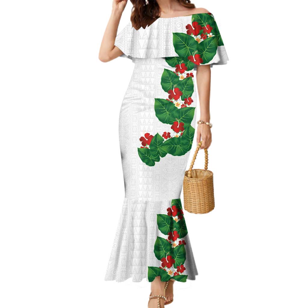 Hawaiian Taro Leaves-Hibiscus and Plumeria Family Matching Mermaid Dress and Hawaiian Shirt Polynesian Art-Kakau Tattoo White LT03 Mom's Dress White - Polynesian Pride
