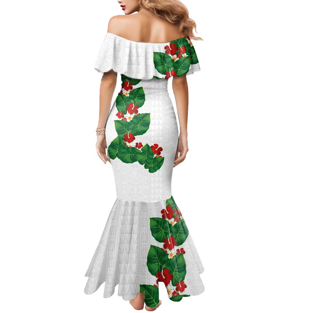 Hawaiian Taro Leaves-Hibiscus and Plumeria Family Matching Mermaid Dress and Hawaiian Shirt Polynesian Art-Kakau Tattoo White LT03 - Polynesian Pride