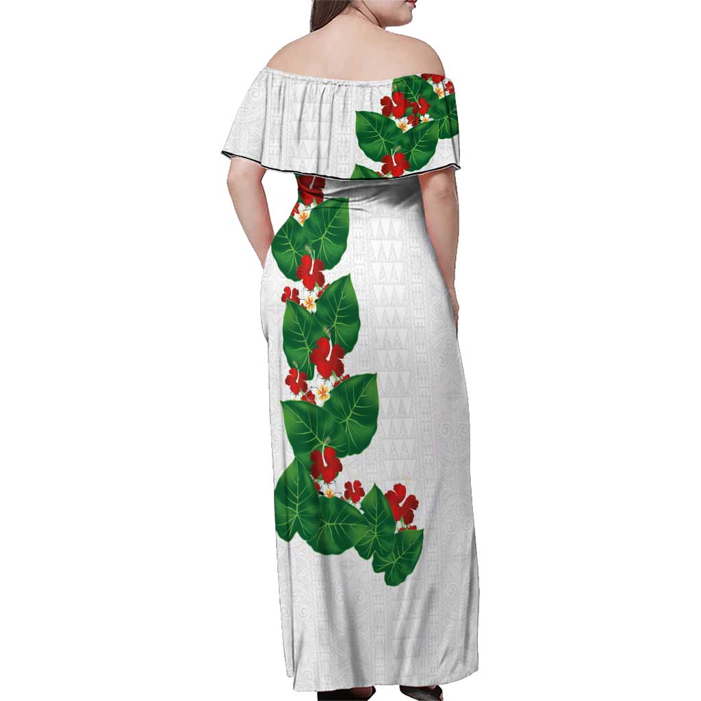 Hawaiian Taro Leaves-Hibiscus and Plumeria Family Matching Off Shoulder Maxi Dress and Hawaiian Shirt Polynesian Art-Kakau Tattoo White LT03 - Polynesian Pride