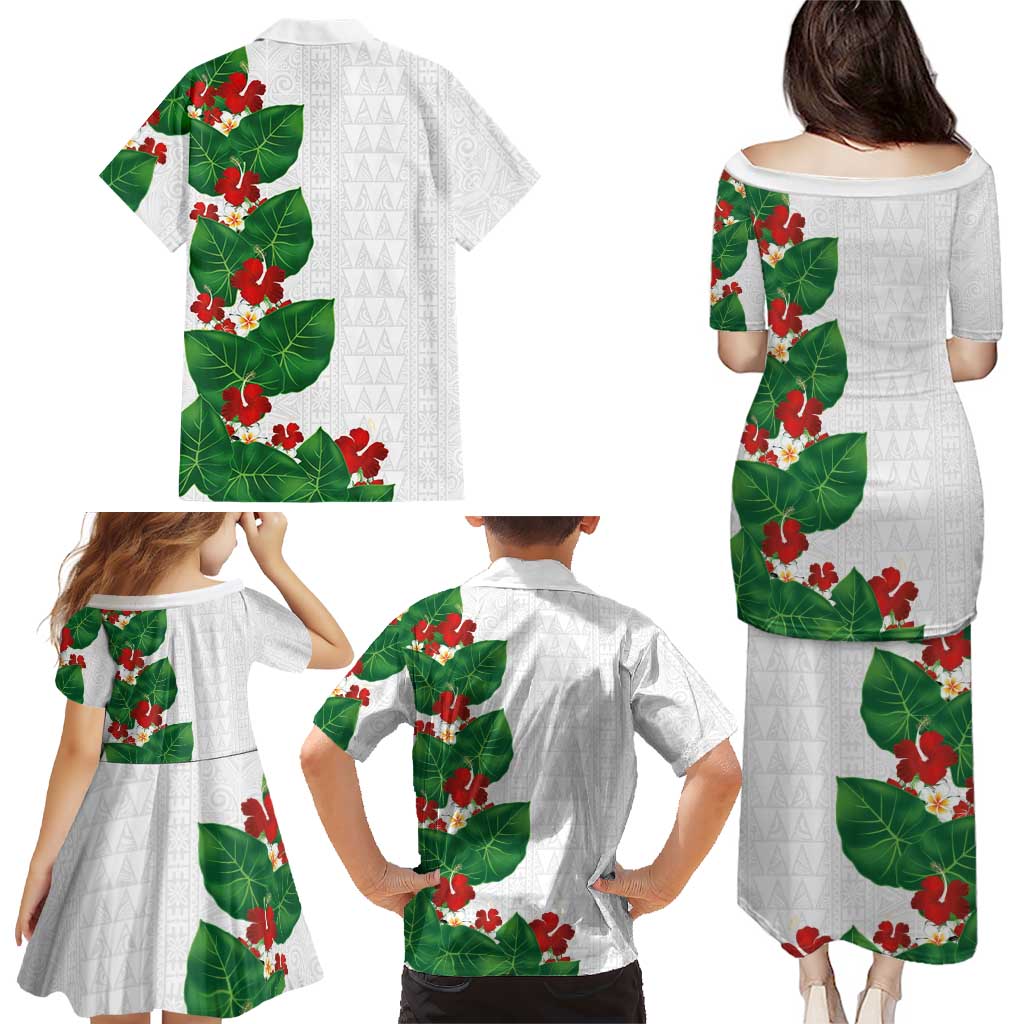 Hawaiian Taro Leaves-Hibiscus and Plumeria Family Matching Puletasi and Hawaiian Shirt Polynesian Art-Kakau Tattoo White LT03 - Polynesian Pride