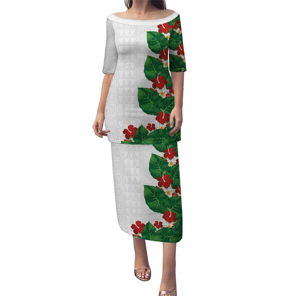 Hawaiian Taro Leaves-Hibiscus and Plumeria Family Matching Puletasi and Hawaiian Shirt Polynesian Art-Kakau Tattoo White LT03 Mom's Dress White - Polynesian Pride