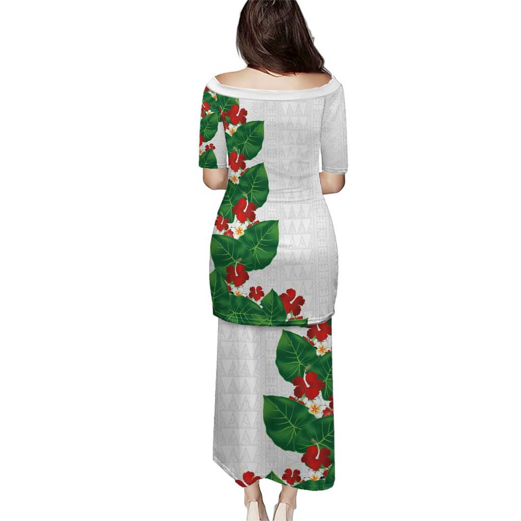 Hawaiian Taro Leaves-Hibiscus and Plumeria Family Matching Puletasi and Hawaiian Shirt Polynesian Art-Kakau Tattoo White LT03 - Polynesian Pride