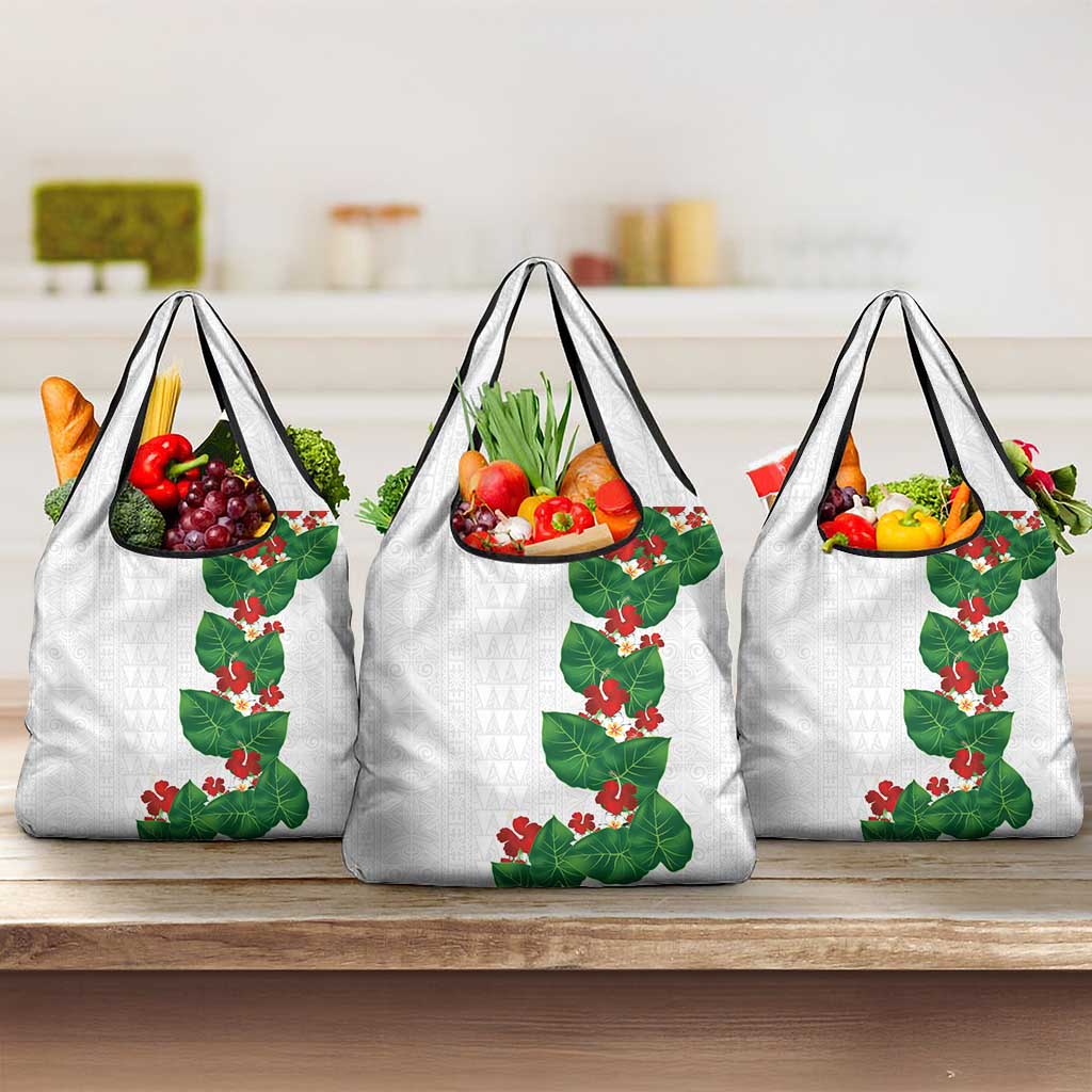 Hawaiian Taro Leaves-Hibiscus and Plumeria Grocery Bag Polynesian Art-Kakau Tattoo White