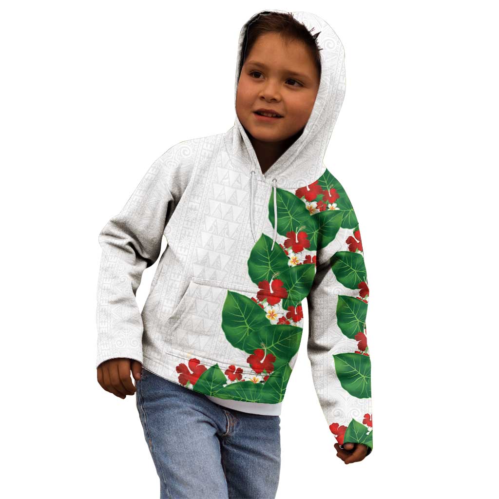 Hawaiian Taro Leaves-Hibiscus and Plumeria Kid Hoodie Polynesian Art-Kakau Tattoo White LT03 - Polynesian Pride