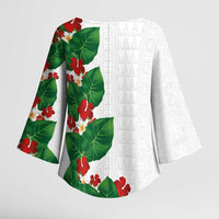 Hawaiian Taro Leaves-Hibiscus and Plumeria Kimono Sleeve Blouse Polynesian Art-Kakau Tattoo White