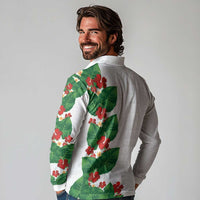 Hawaiian Taro Leaves-Hibiscus and Plumeria Long Sleeve Polo Shirt Polynesian Art-Kakau Tattoo White LT03 - Polynesian Pride