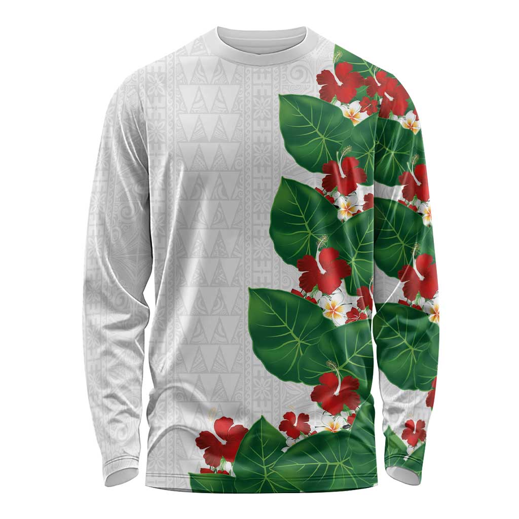 Hawaiian Taro Leaves-Hibiscus and Plumeria Long Sleeve Shirt Polynesian Art-Kakau Tattoo White LT03 Unisex White - Polynesian Pride