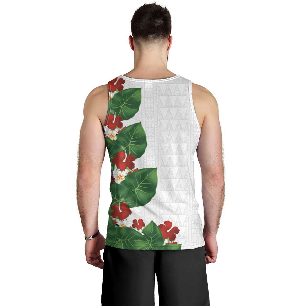Hawaiian Taro Leaves-Hibiscus and Plumeria Men Tank Top Polynesian Art-Kakau Tattoo White