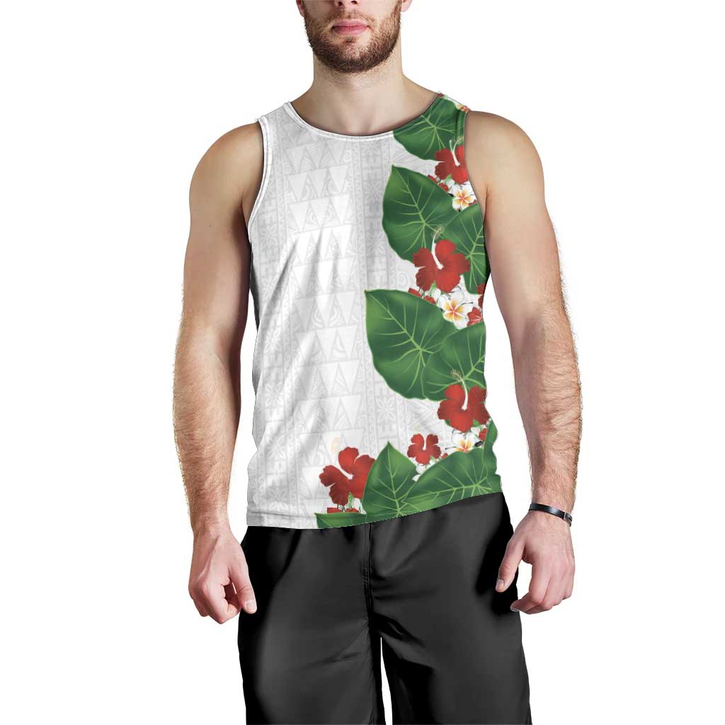 Hawaiian Taro Leaves-Hibiscus and Plumeria Men Tank Top Polynesian Art-Kakau Tattoo White