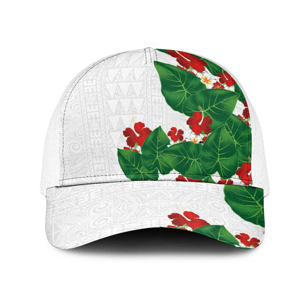 Hawaiian Taro Leaves-Hibiscus and Plumeria Mesh Trucker Cap Polynesian Art-Kakau Tattoo White