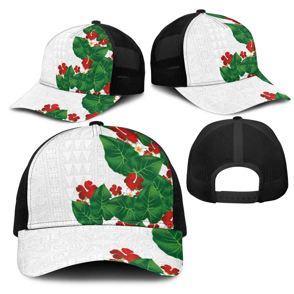 Hawaiian Taro Leaves-Hibiscus and Plumeria Mesh Trucker Cap Polynesian Art-Kakau Tattoo White