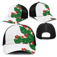Hawaiian Taro Leaves-Hibiscus and Plumeria Mesh Trucker Cap Polynesian Art-Kakau Tattoo White