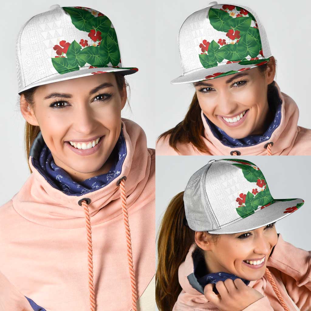 Hawaiian Taro Leaves-Hibiscus and Plumeria Mesh Trucker Cap Polynesian Art-Kakau Tattoo White