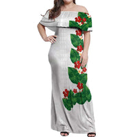 Hawaiian Taro Leaves-Hibiscus and Plumeria Off Shoulder Maxi Dress Polynesian Art-Kakau Tattoo White LT03 Women White - Polynesian Pride