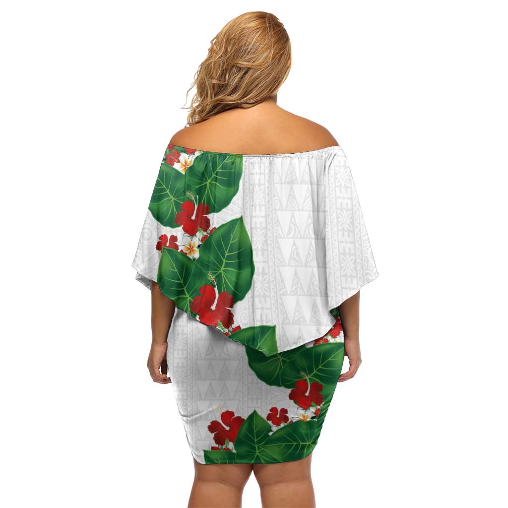 Hawaiian Taro Leaves-Hibiscus and Plumeria Off Shoulder Short Dress Polynesian Art-Kakau Tattoo White LT03 - Polynesian Pride
