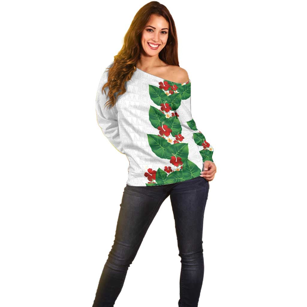 Hawaiian Taro Leaves-Hibiscus and Plumeria Off Shoulder Sweater Polynesian Art-Kakau Tattoo White