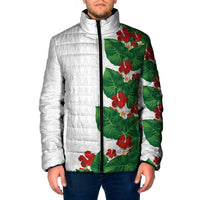 Hawaiian Taro Leaves-Hibiscus and Plumeria Padded Jacket Polynesian Art-Kakau Tattoo White