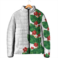 Hawaiian Taro Leaves-Hibiscus and Plumeria Padded Jacket Polynesian Art-Kakau Tattoo White