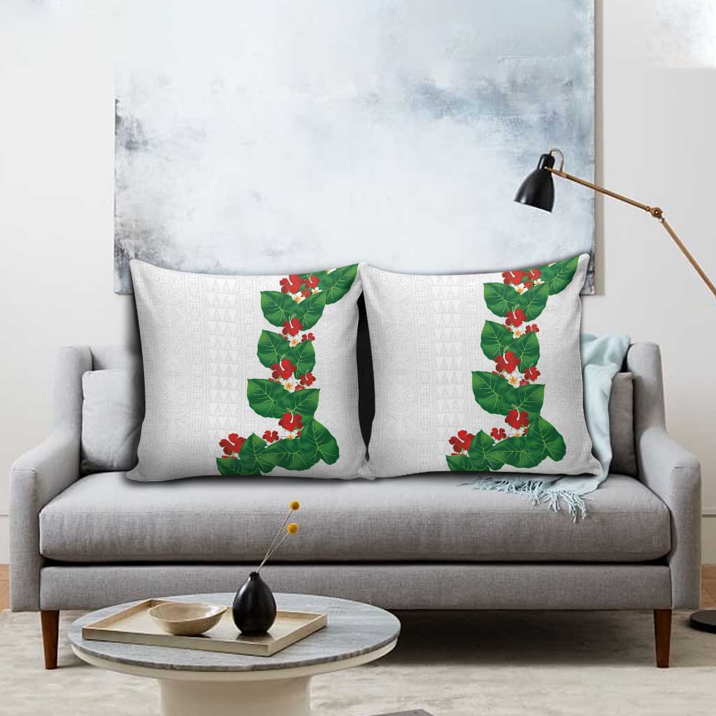 Hawaiian Taro Leaves-Hibiscus and Plumeria Pillow Cover Polynesian Art-Kakau Tattoo White LT03 - Polynesian Pride