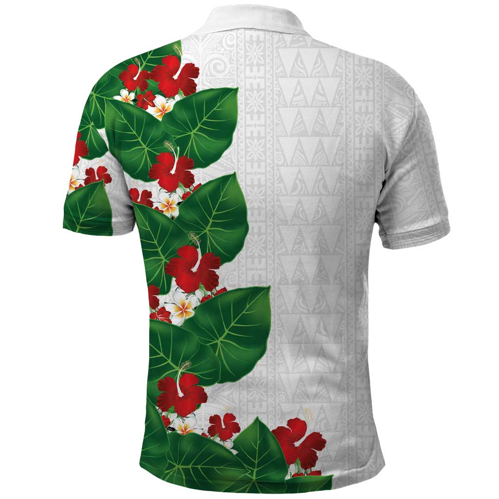 Hawaiian Taro Leaves-Hibiscus and Plumeria Polo Shirt Polynesian Art-Kakau Tattoo White LT03 - Polynesian Pride