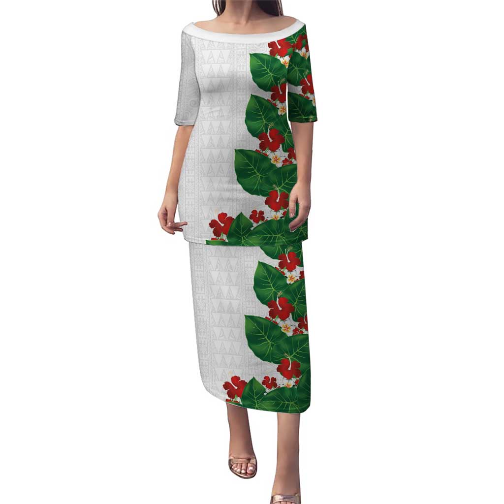 Hawaiian Taro Leaves-Hibiscus and Plumeria Puletasi Polynesian Art-Kakau Tattoo White