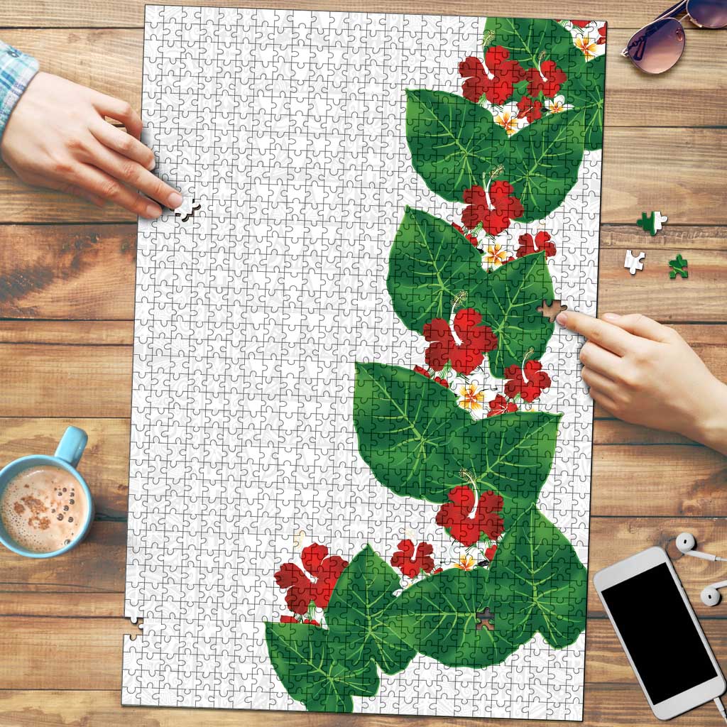 Hawaiian Taro Leaves-Hibiscus and Plumeria Puzzle Polynesian Art-Kakau Tattoo White