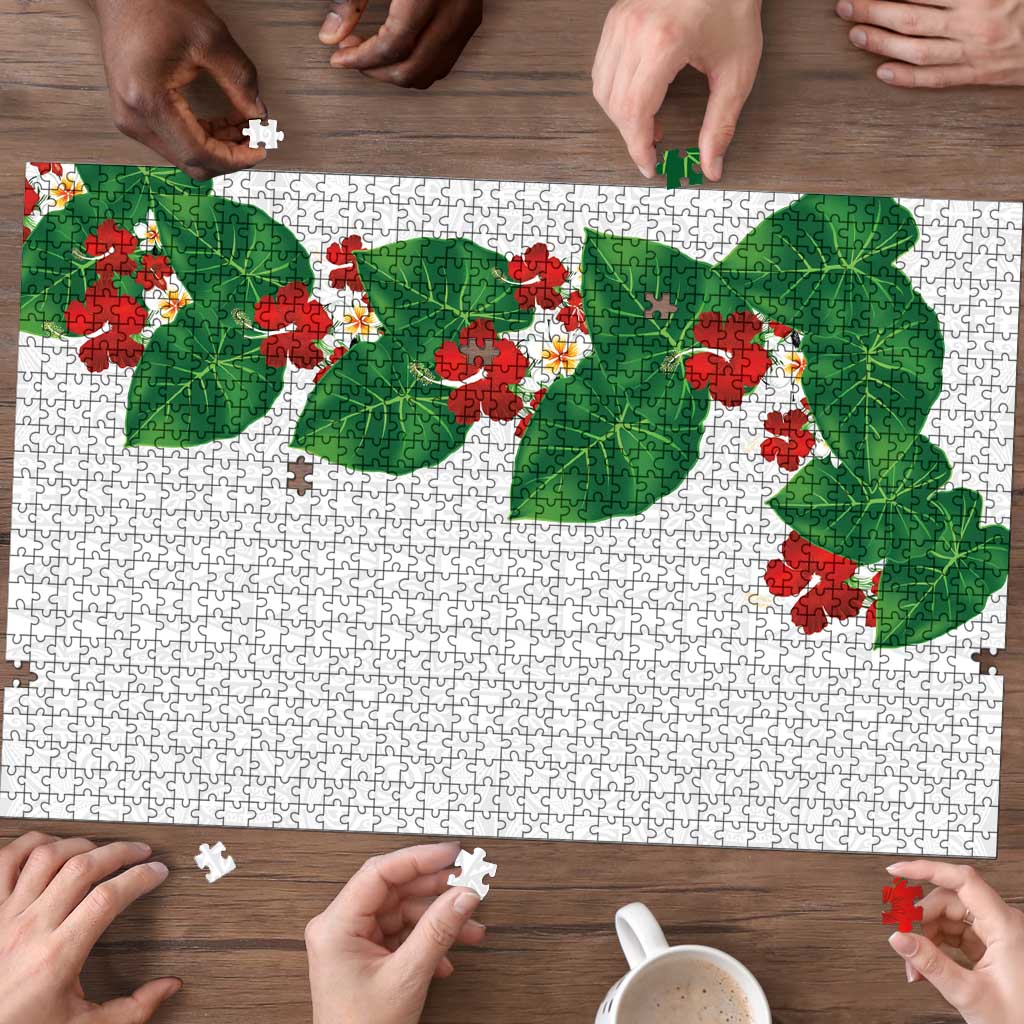Hawaiian Taro Leaves-Hibiscus and Plumeria Puzzle Polynesian Art-Kakau Tattoo White