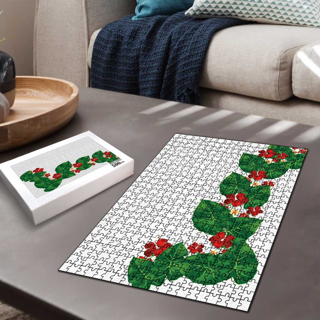 Hawaiian Taro Leaves-Hibiscus and Plumeria Puzzle Polynesian Art-Kakau Tattoo White
